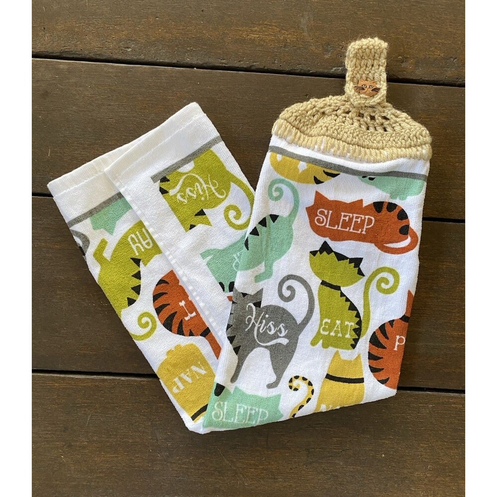 Crochet Top COLORFUL CATS Animal Print Hanging Kitchen Dish Towel Cat Button